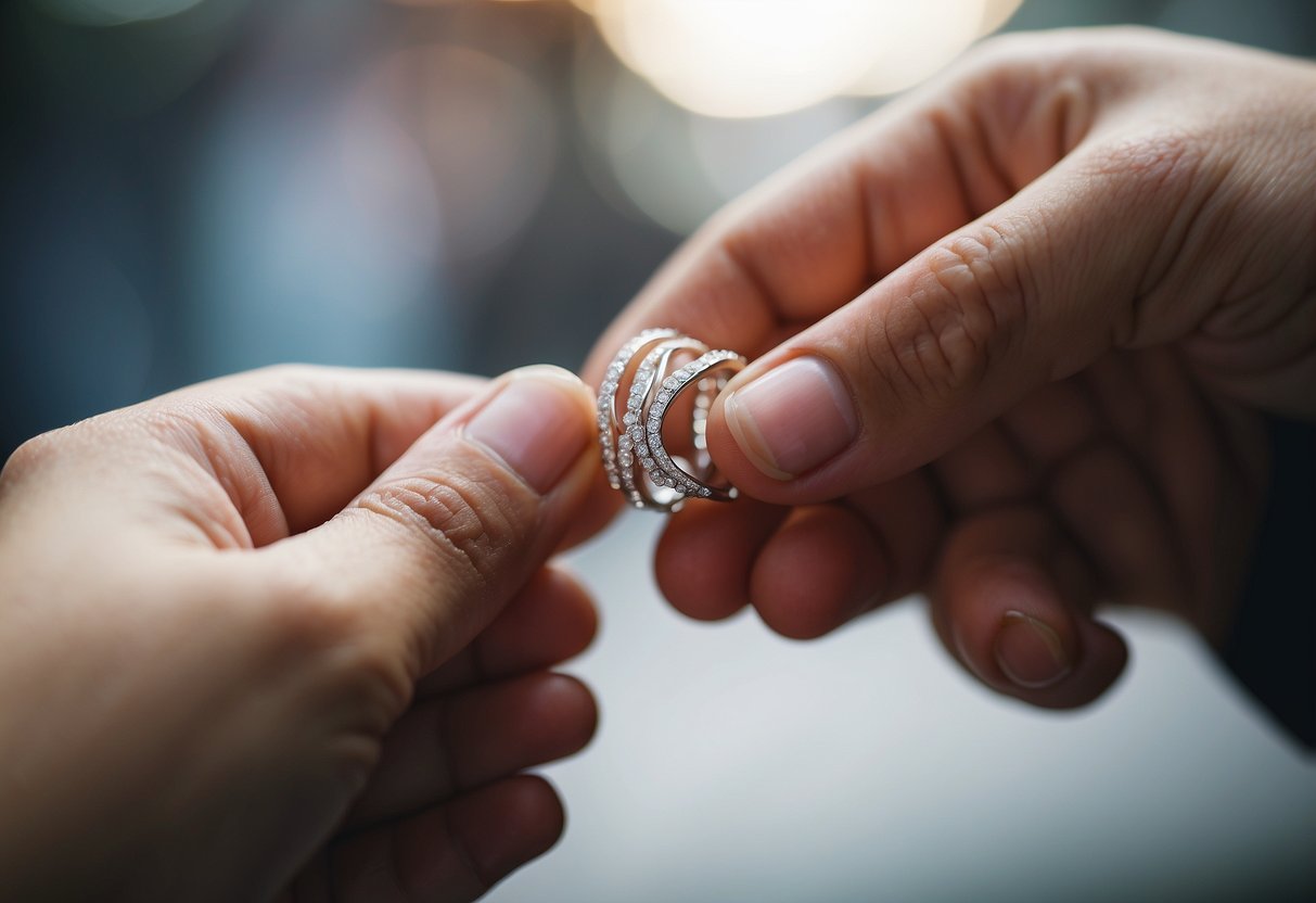 A couple's hands holding a simple, elegant wedding ring on a budget