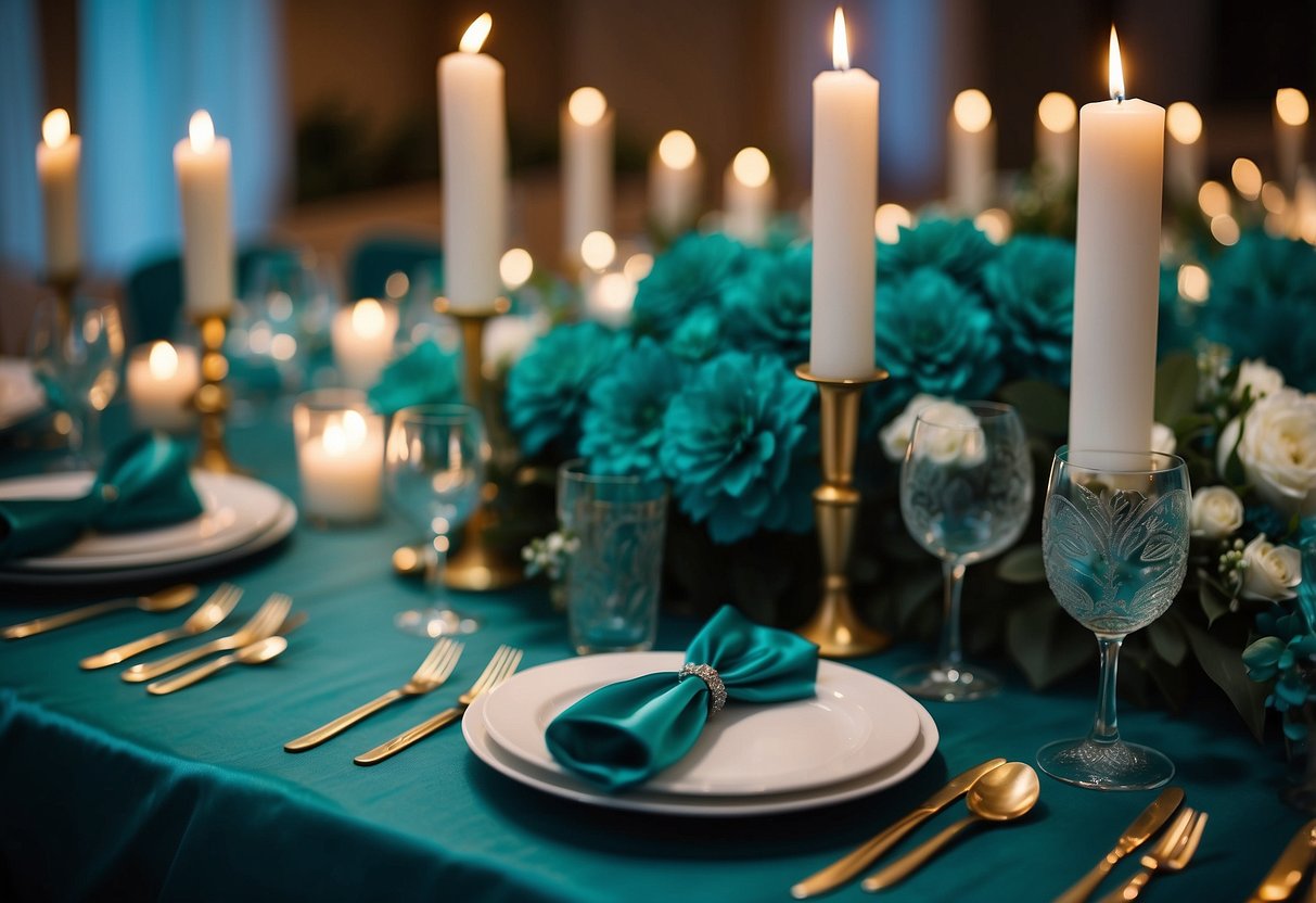 A teal wedding reception with flowing teal tablecloths, elegant teal floral centerpieces, and teal accents in the form of candles and place settings