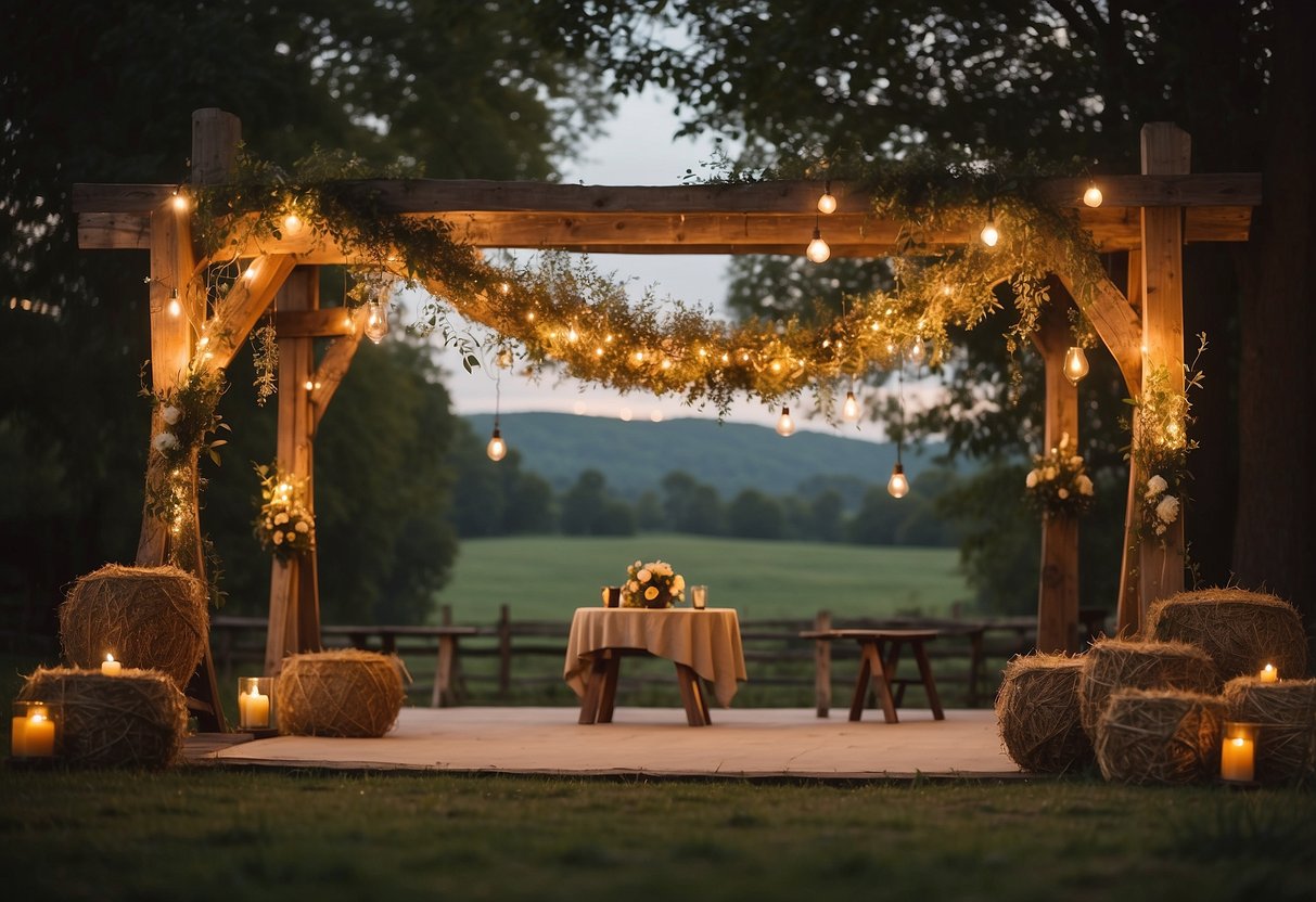 A rustic outdoor venue with wooden arches, bales of hay, and wildflower arrangements. Strings of fairy lights hang from tree branches, creating a warm and romantic atmosphere