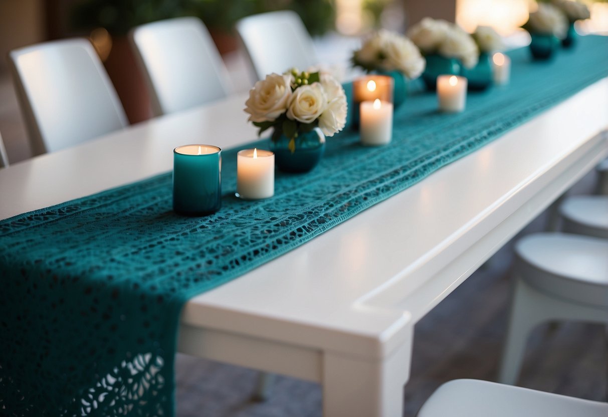 A long teal table runner runs down the center of a white table, adorned with teal accents and surrounded by teal wedding decor