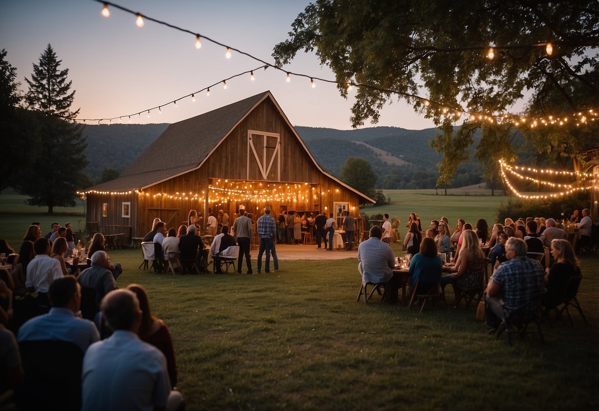 A rustic barn set against rolling hills, with string lights and a dance floor. A live band plays while guests enjoy lawn games and a bonfire