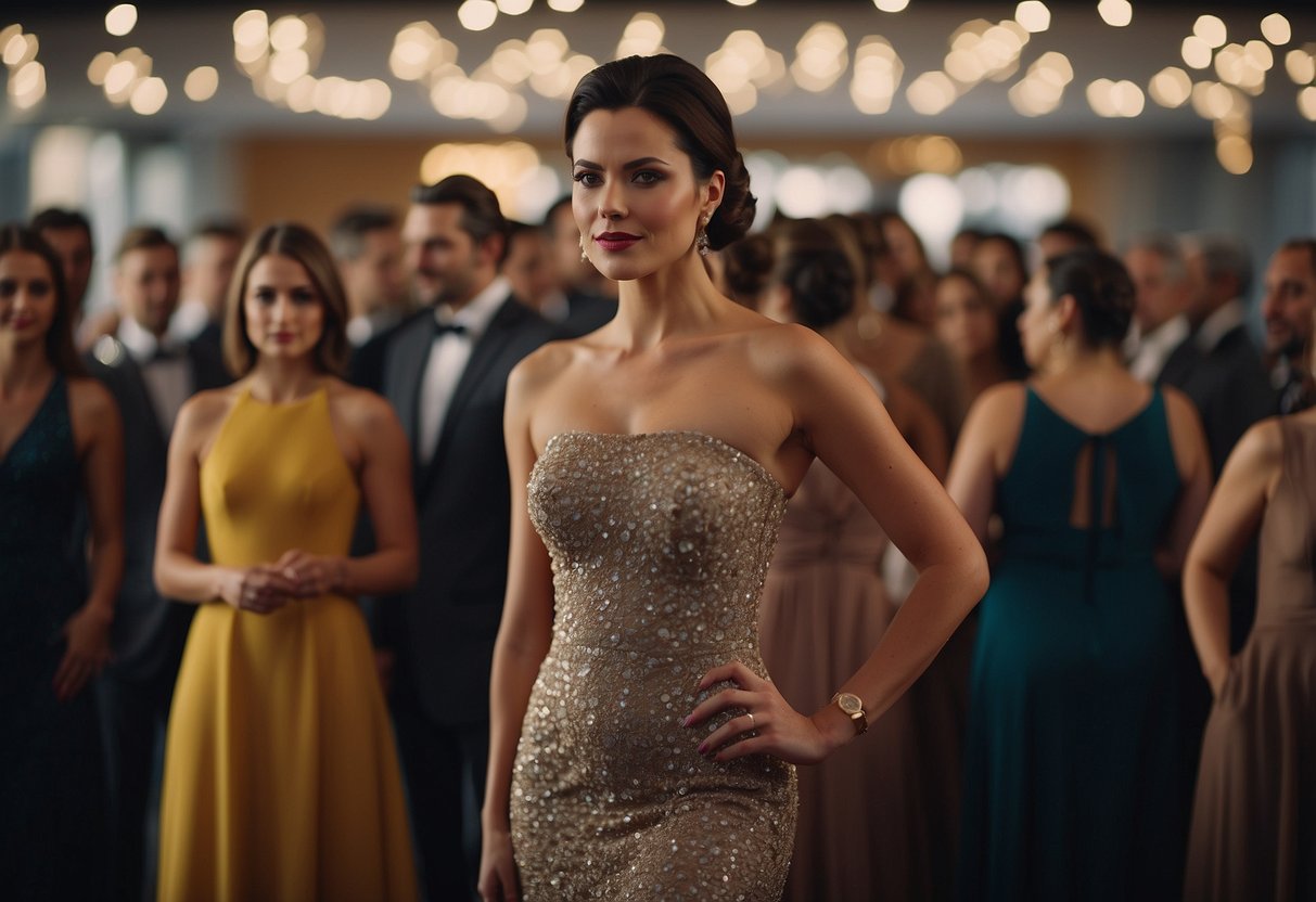 A woman in an elegant dress stands at the center of attention, surrounded by a group of people. She exudes confidence and poise, commanding the room with her presence