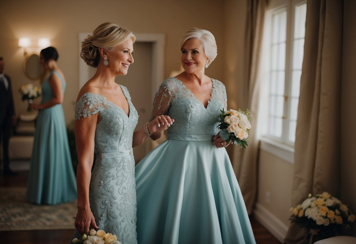 The mother of the bride selects her dress color to coordinate with the wedding theme