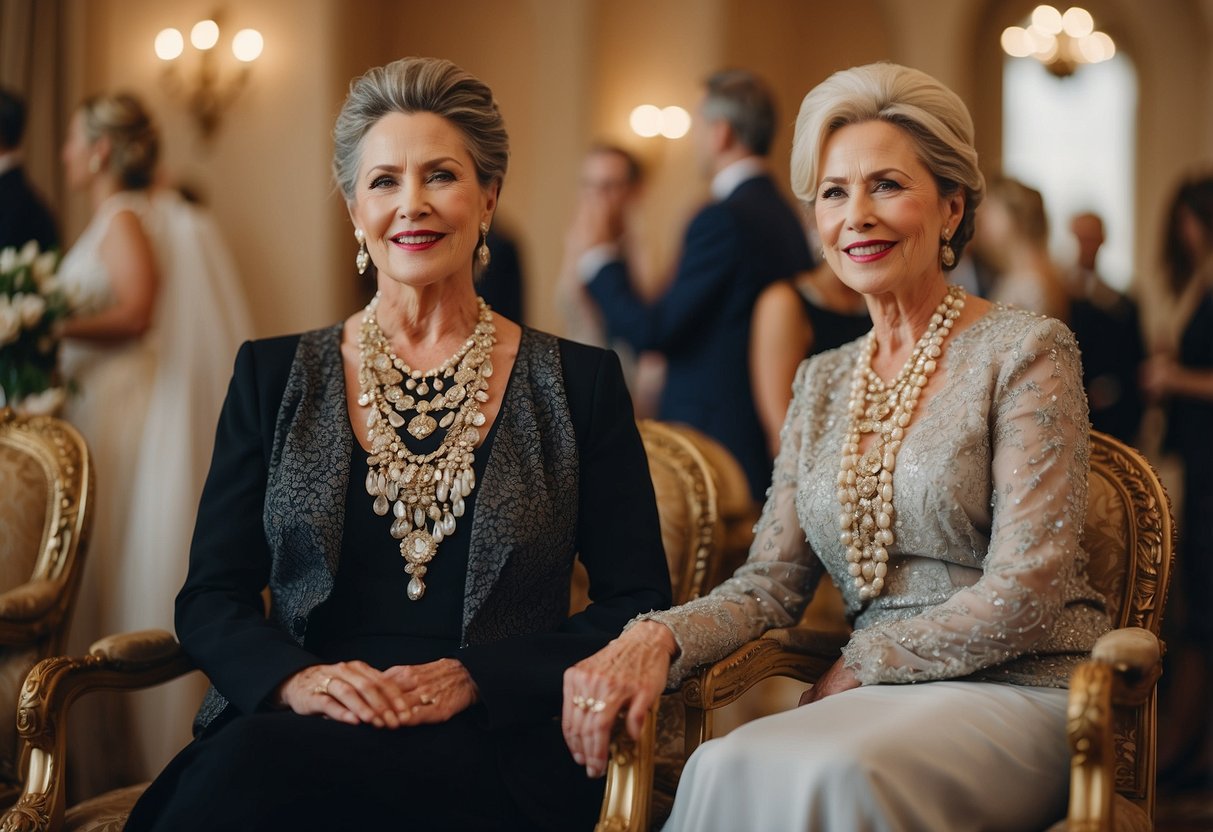 Mother of the bride seated on ornate chair, adorned with elegant jewelry, while mother of the groom stands in the background, looking on with a sense of pride and joy