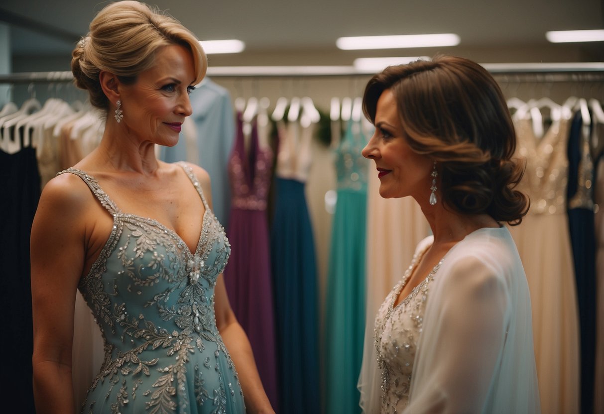 The mother of the bride selects her dress color at Shop Early