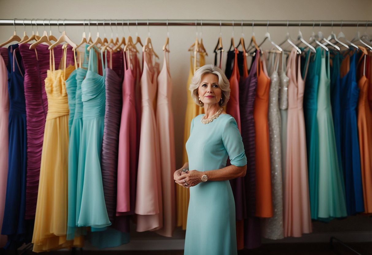 The mother of the bride stands in front of a rack of colorful dresses, carefully considering her options