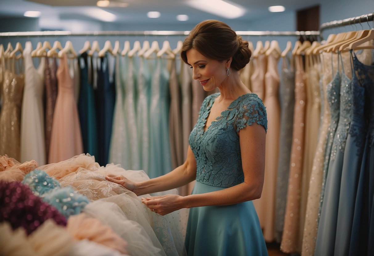 The mother of the bride selects her dress color among various fabrics