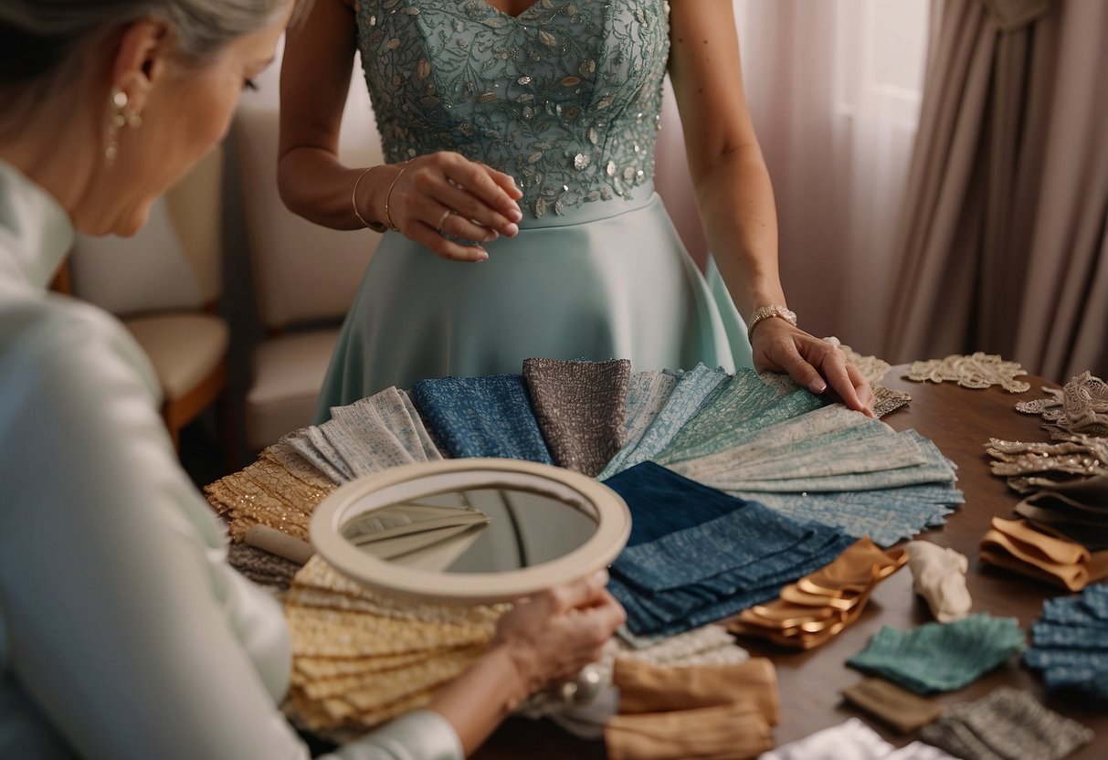 The mother of the bride selects a dress color, surrounded by fabric swatches and a mirror