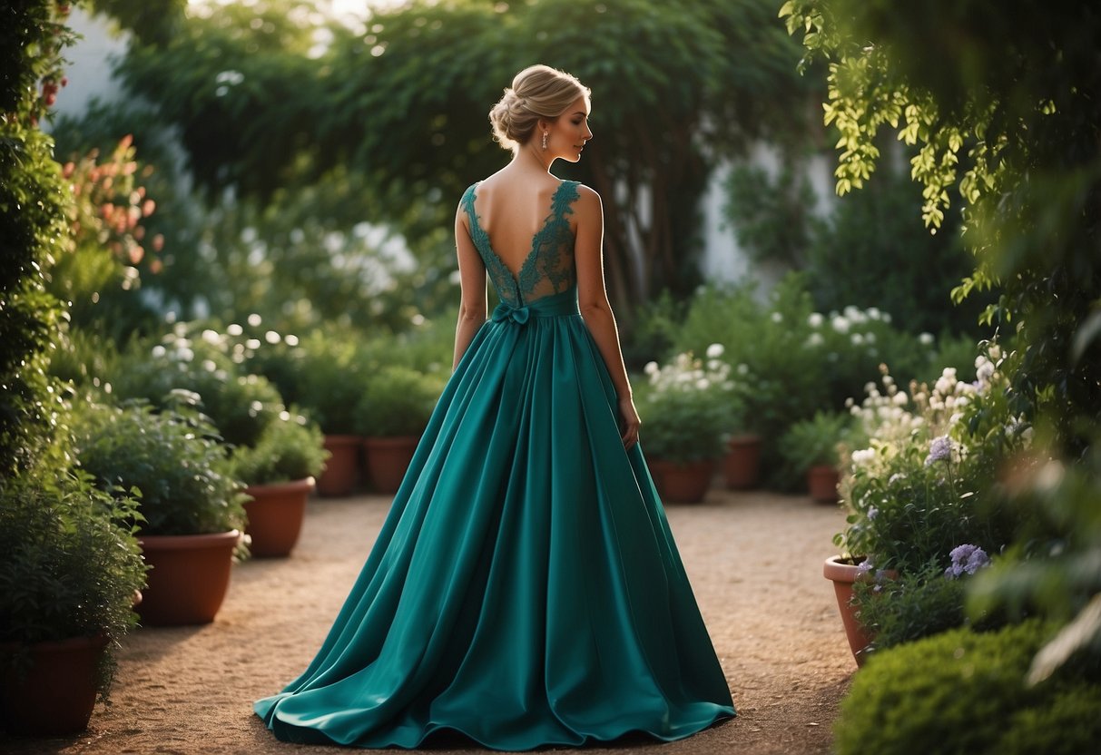 A bride stands in a garden, wearing a teal gown with intricate lace details. Teal ribbons adorn the surrounding area, complementing the lush greenery