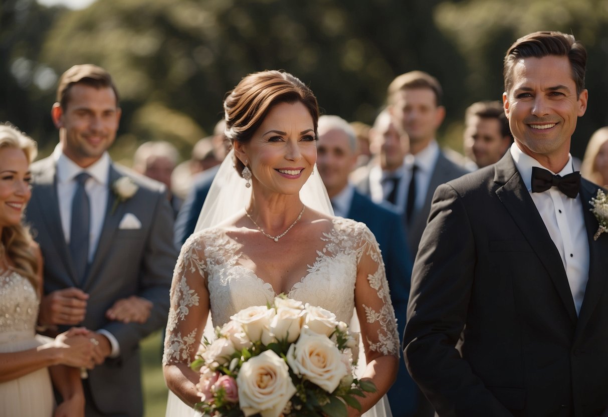 A mother of the bride stands at the center of attention, surrounded by family and friends, while the mother of the groom looks on from the sidelines