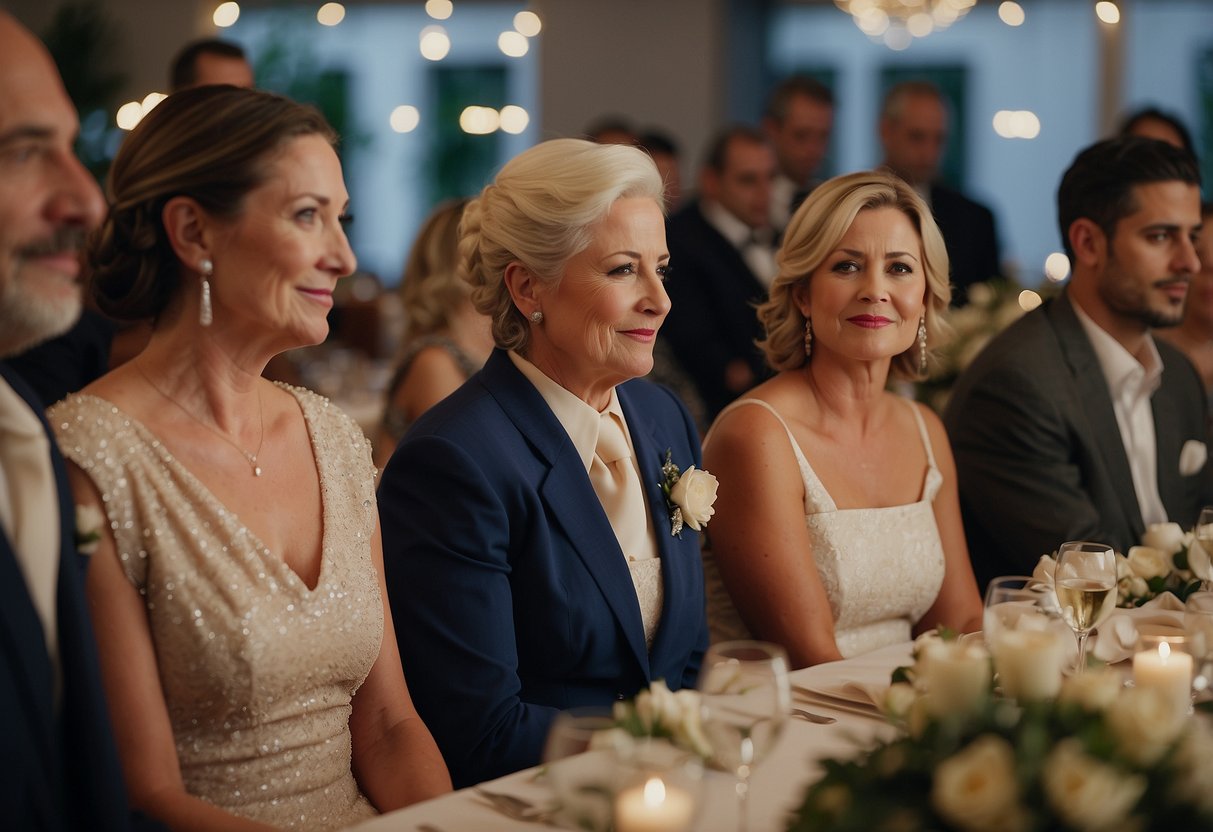 A mother of the bride is seated at the head table, surrounded by family and friends, while the mother of the groom is standing off to the side, looking slightly isolated and unsure