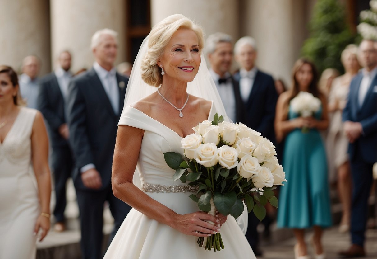 The mother of the bride carries a bouquet of white roses down the aisle