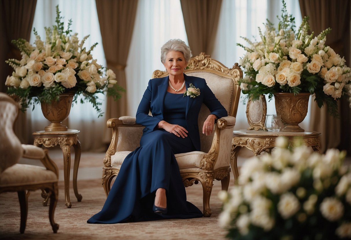 A mother of the bride is seated in a grand, ornate chair, surrounded by elegant decor and flowers, while the mother of the groom is positioned in a more modest setting, with simpler decorations