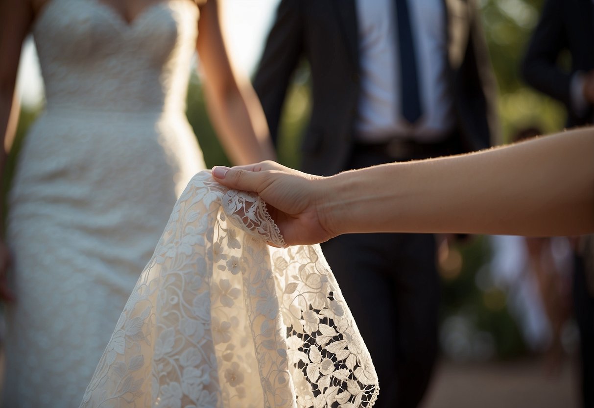 A lace handkerchief, delicately embroidered with the bride's initials, is clutched tightly in the mother's hand as she walks down the aisle