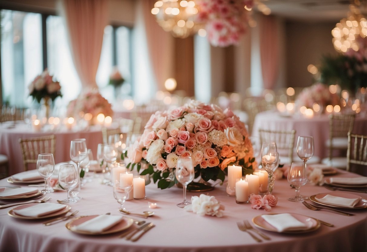 A pink-themed wedding with rose petals, blush linens, and cherry blossom centerpieces. A romantic atmosphere with soft lighting and elegant decor