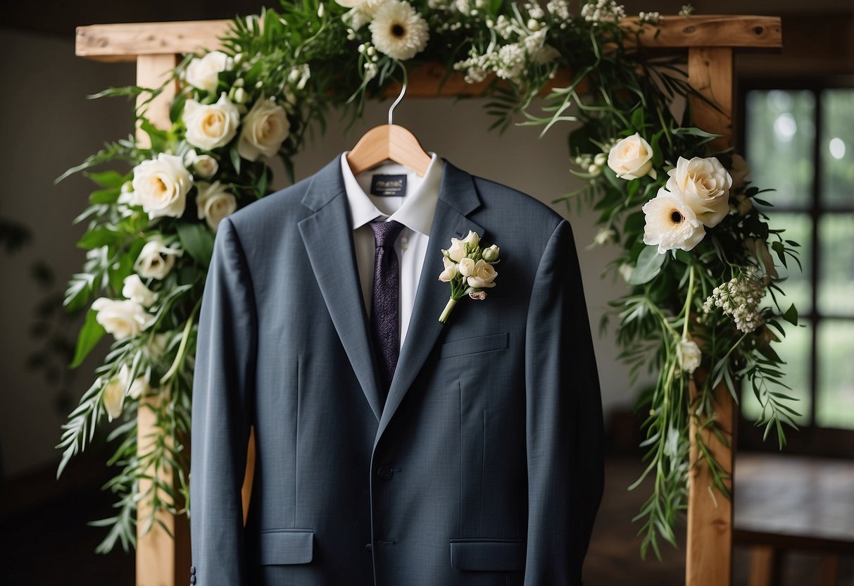 A groom's suit hanging on a rustic wooden hanger, surrounded by fresh flowers and greenery, with a soft natural light streaming in