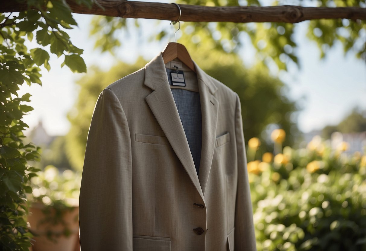 A linen two-piece suit hangs on a wooden hanger against a backdrop of a sunny, outdoor setting, with greenery and flowers in the background