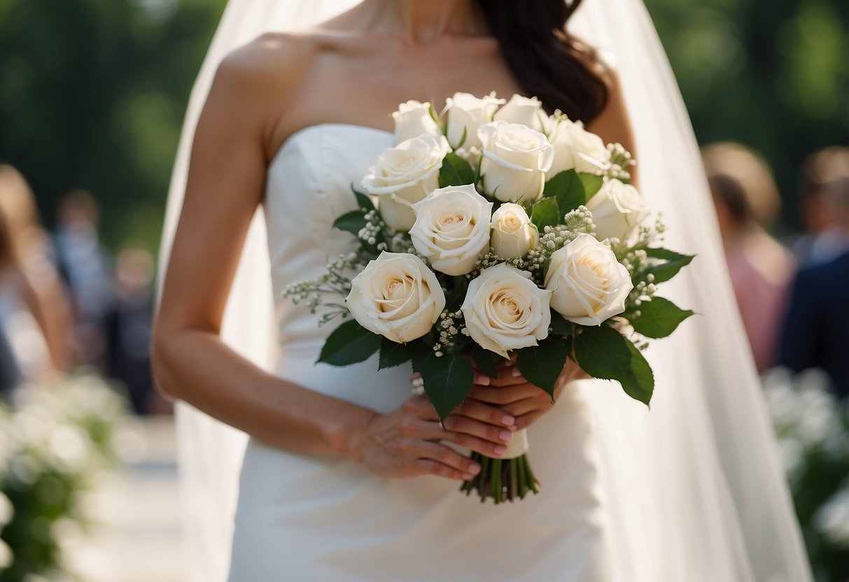 Mother of the bride carries a bouquet of white roses down the aisle