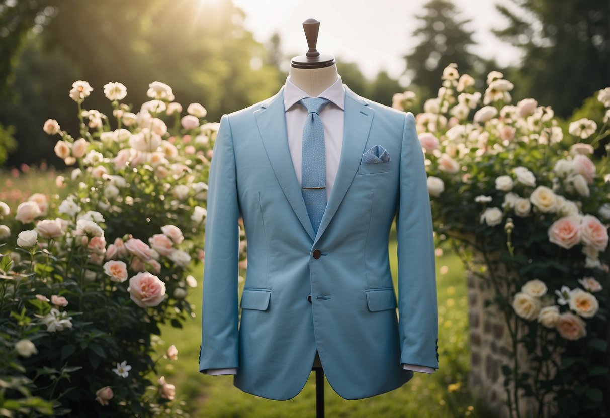 A pastel blue slim fit suit hangs on a hanger, surrounded by fresh flowers and a sunny outdoor setting, perfect for a summer wedding