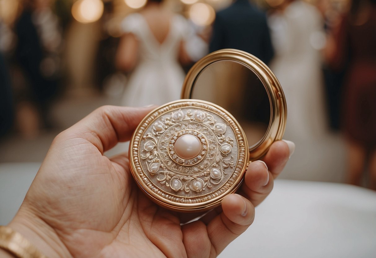 The mother of the bride carries a delicate and ornate compact mirror down the aisle