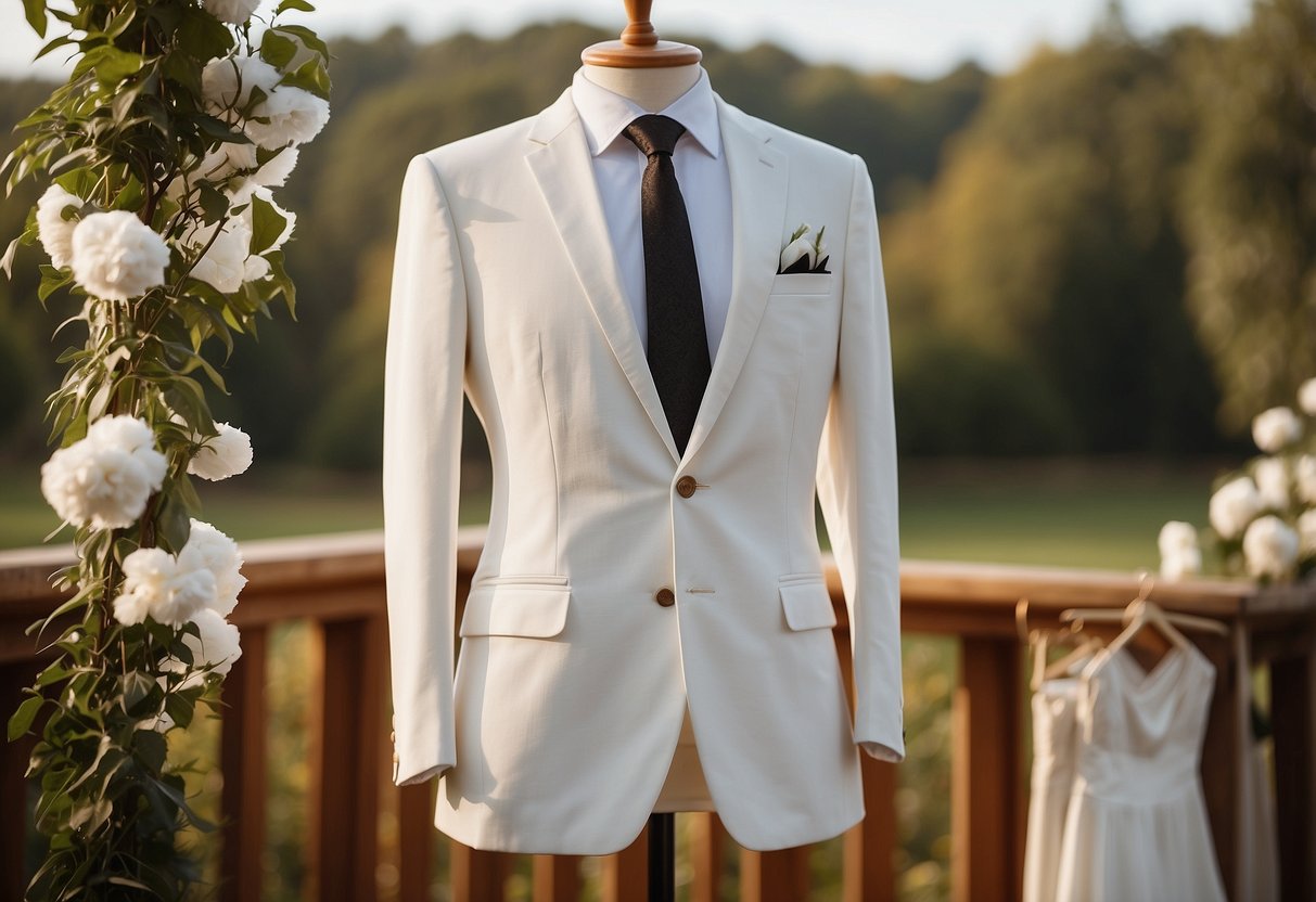 A white cotton suit hangs on a wooden hanger, with a light and airy backdrop of a sunny outdoor wedding setting