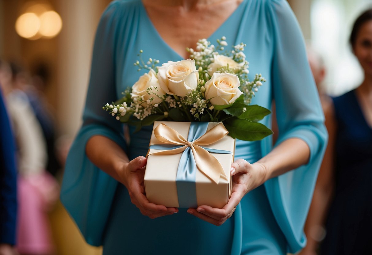 The mother of the bride carries a delicately wrapped gift box down the aisle