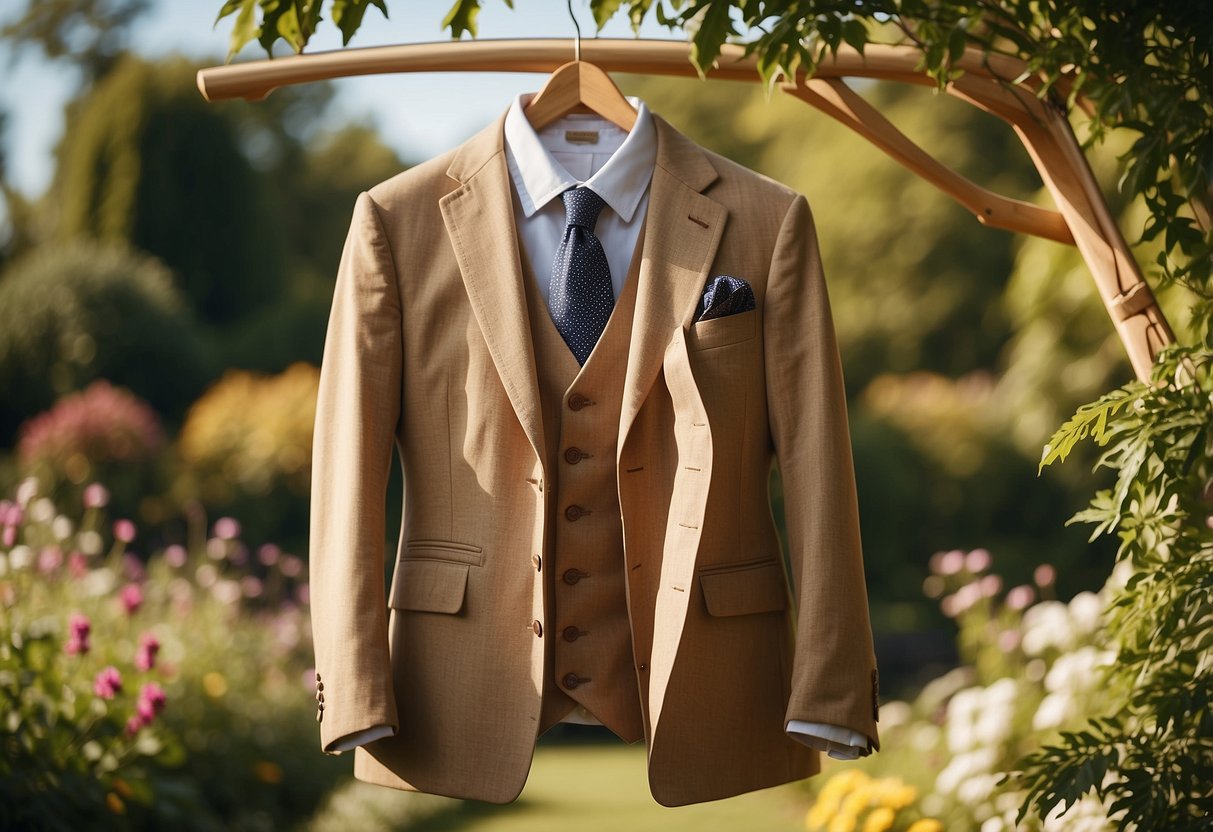 A tan three-piece suit hangs on a wooden hanger against a backdrop of a sunny summer garden