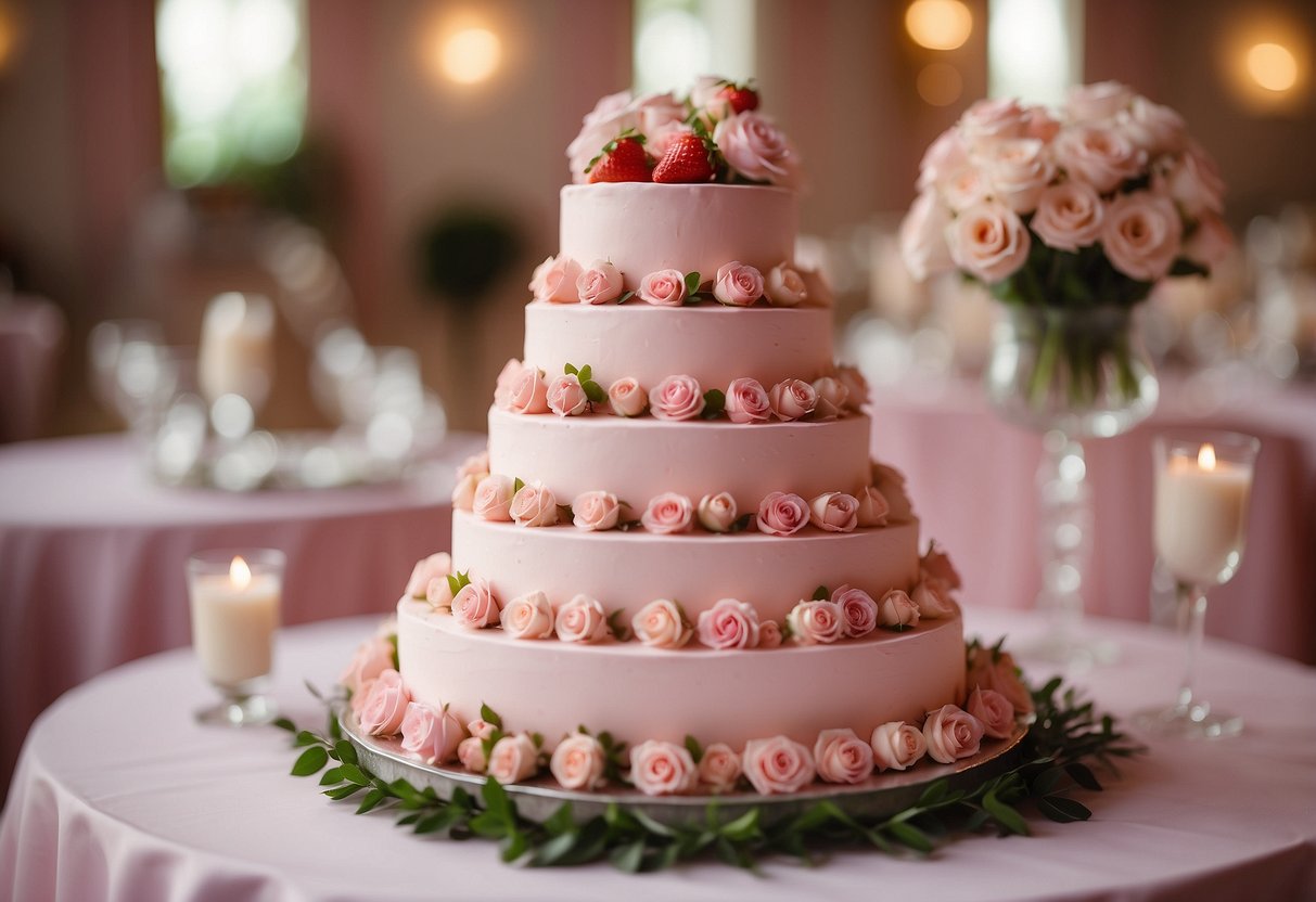 A three-tiered strawberry pink wedding cake adorned with delicate pink flowers and ribbons, set against a backdrop of soft pink wedding decor and romantic ambiance