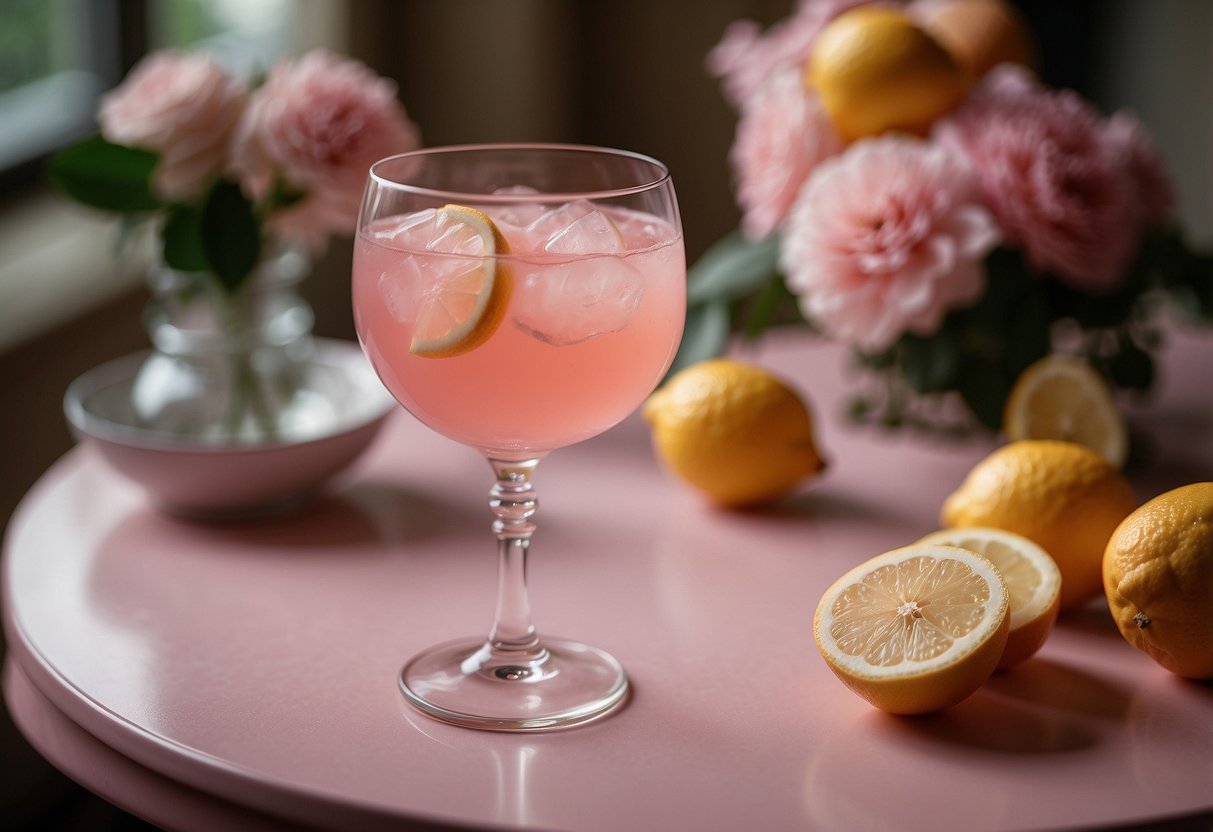 A glass of pink lemonade sits on a table surrounded by pink wedding decor, creating a signature drink for the event