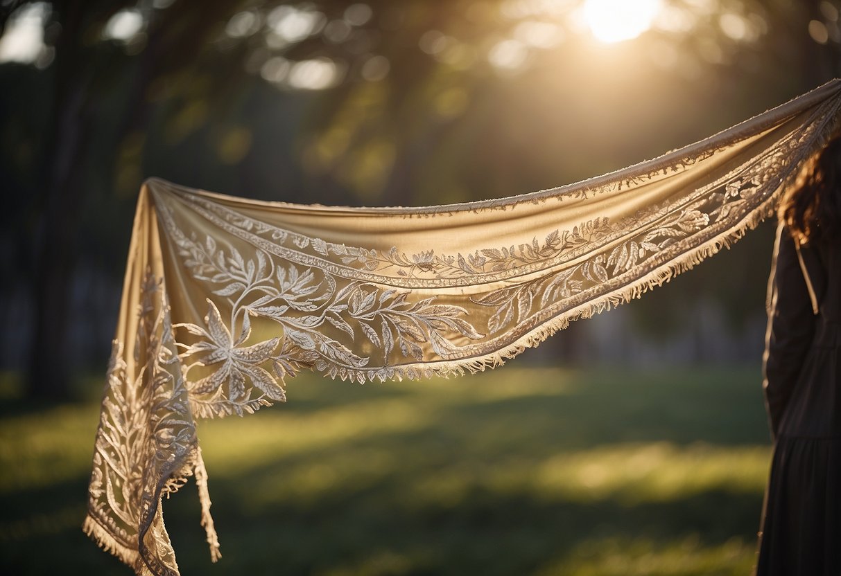 A shimmering embroidered scarf is held aloft as it glides down the aisle, catching the light and casting a delicate pattern on the ground