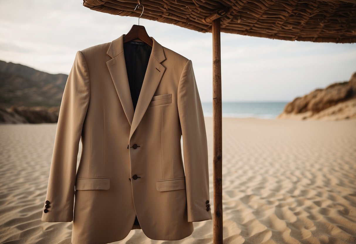 A sand-colored suit hangs on a wooden hanger against a backdrop of a beach or desert landscape