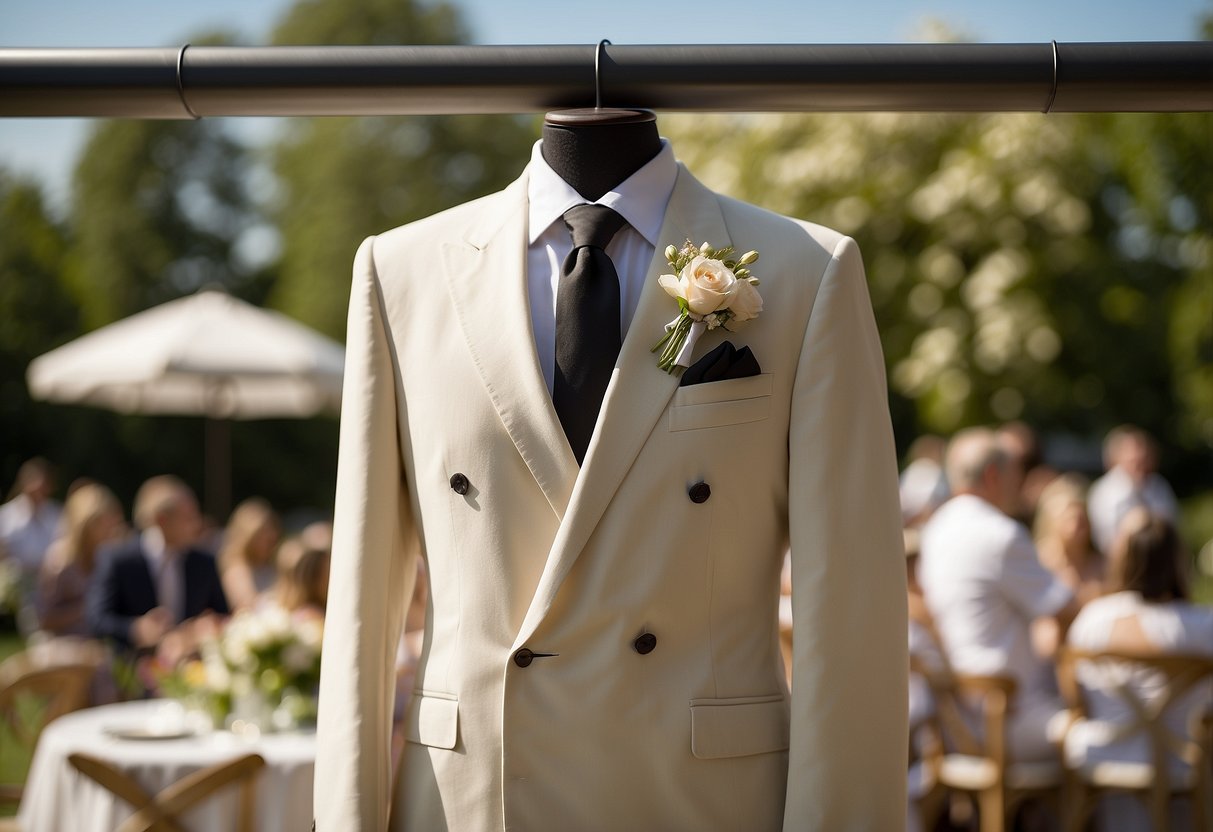 A cream double-breasted suit hangs on a hanger, set against a backdrop of a sunny outdoor wedding venue. The suit exudes elegance and sophistication, perfect for a summer wedding