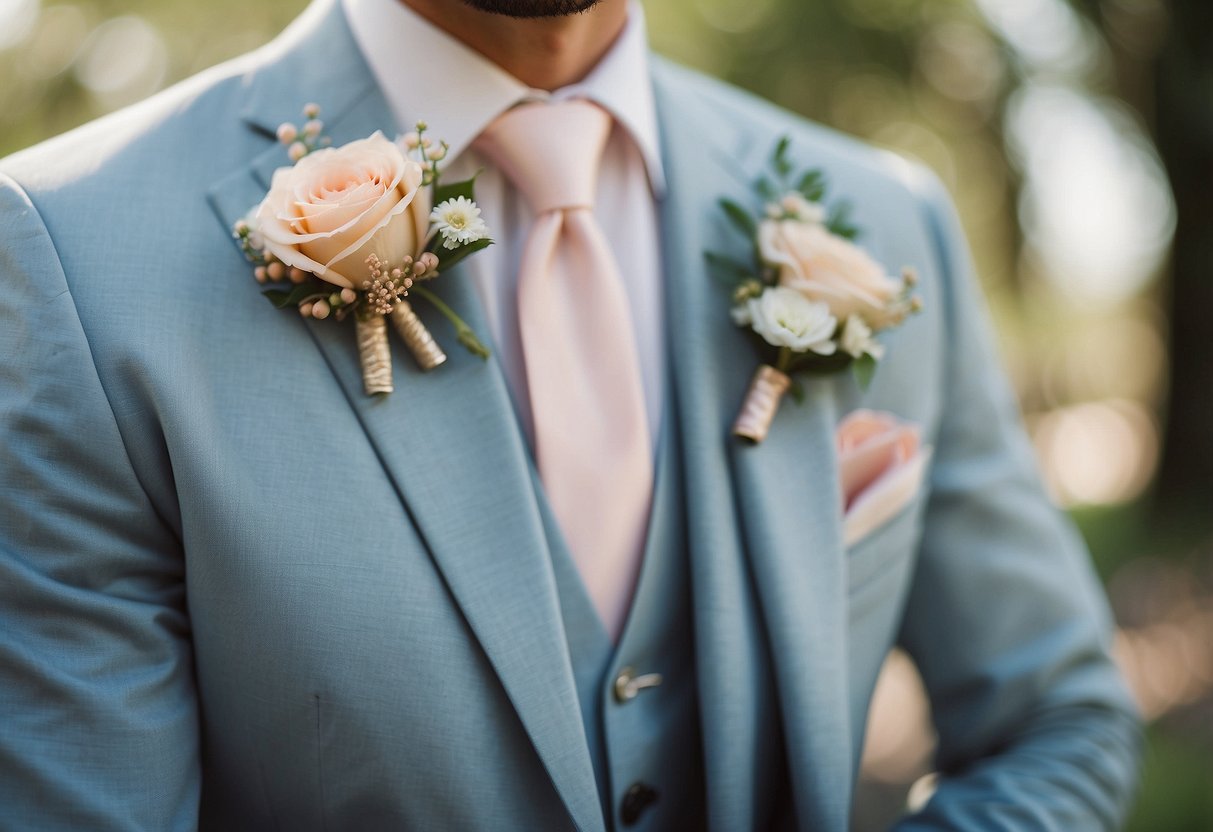 A groom's suit in shades of light blue, cream, and soft pink. Accents of floral patterns and pastel accessories