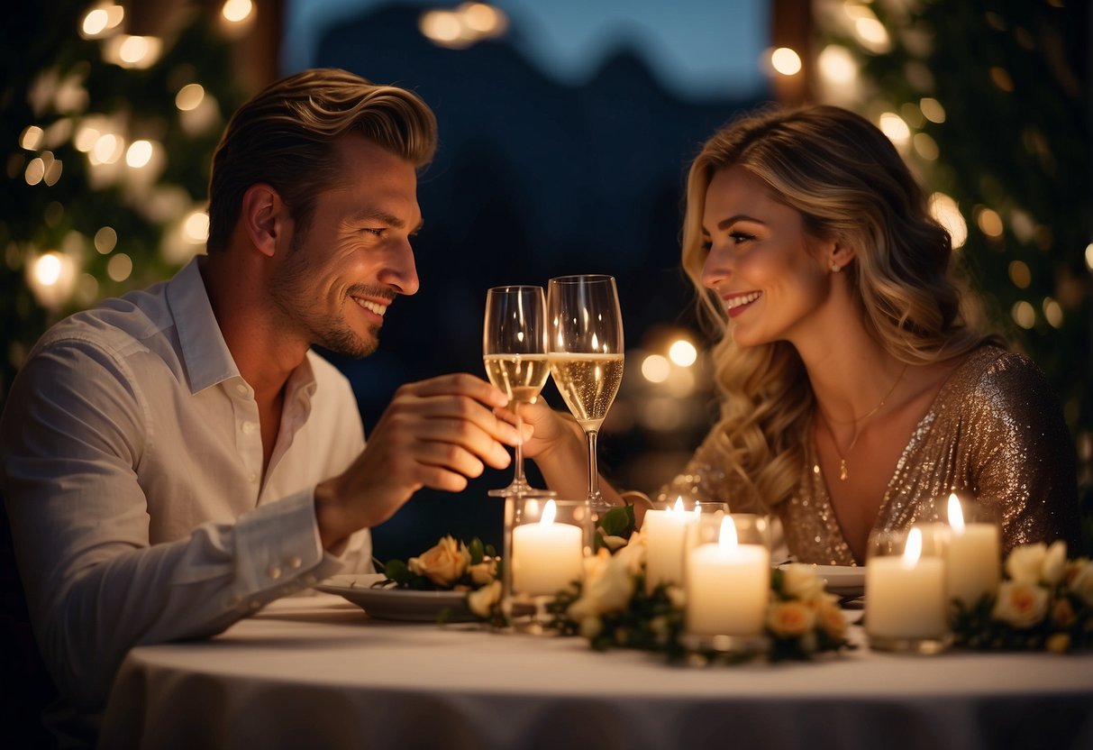 A couple sitting at a candlelit dinner table, surrounded by flowers and champagne, exchanging gifts wrapped in elegant paper