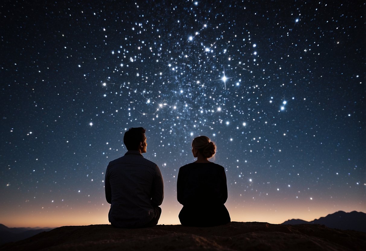 A couple sits under a starry sky, gazing at a customized star map, celebrating their 13th wedding anniversary. The map is filled with constellations and personalized details