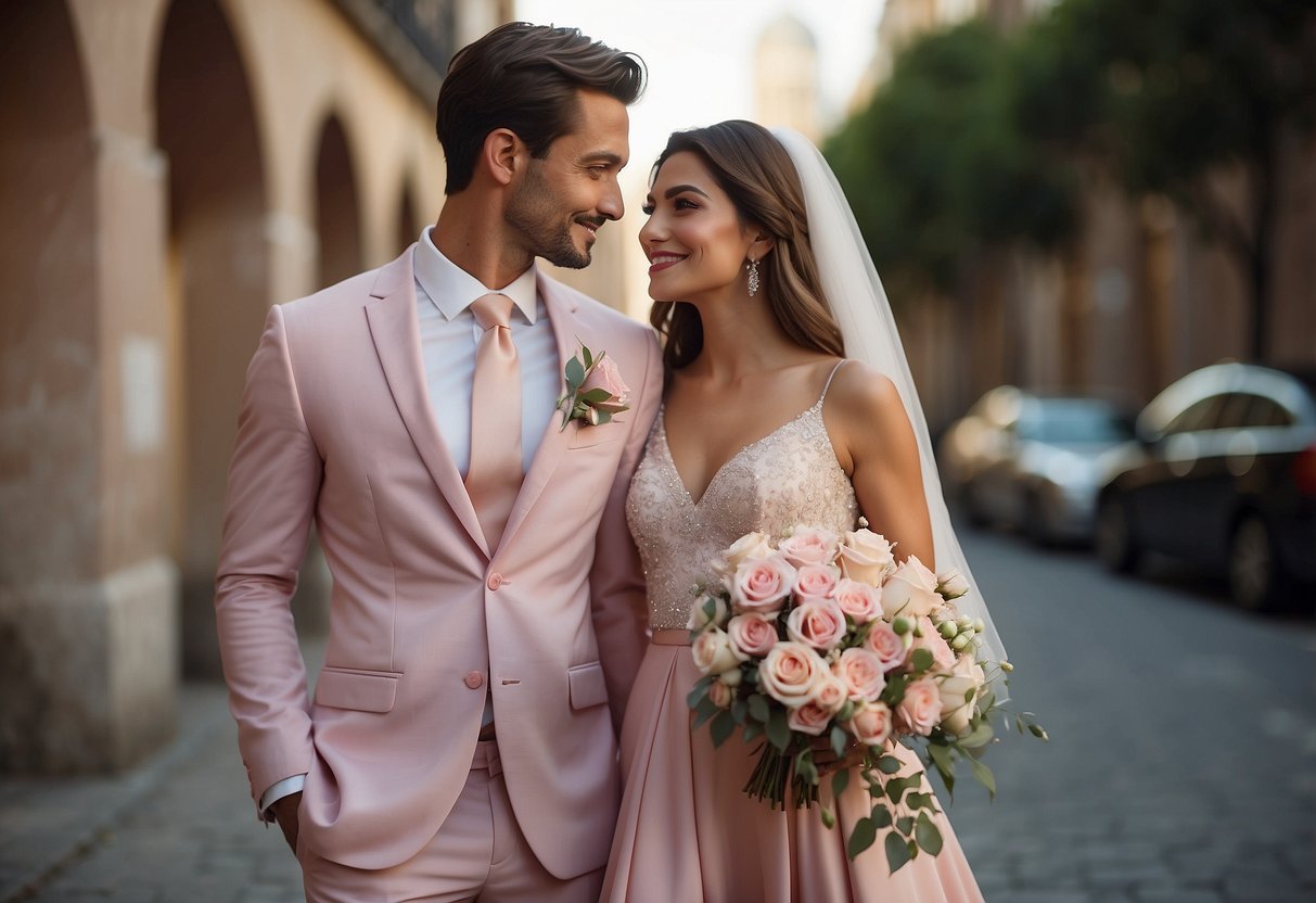 A bride in a flowing pink gown with a matching veil, holding a bouquet of blush pink roses, stands next to her groom in a sharp pink suit with a pink tie