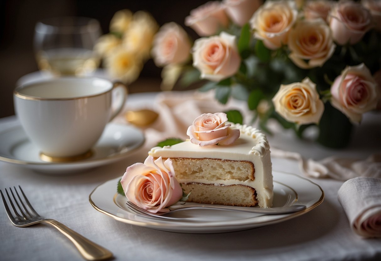 A table set with elegant dinnerware, a bouquet of roses, and a cake with "Happy 45th Anniversary" written in frosting