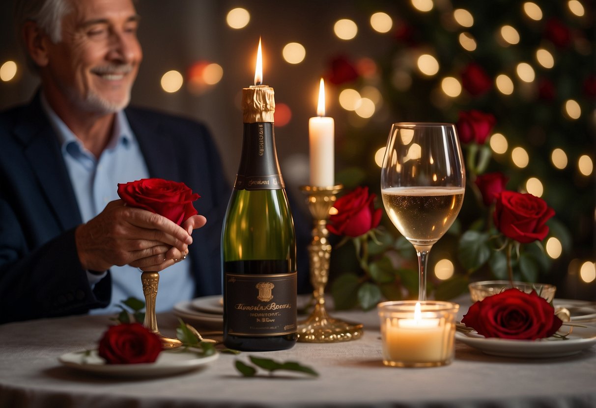 A couple sits at a candlelit table, surrounded by photos from their 45 years together. A vase of red roses and a bottle of champagne add to the romantic atmosphere