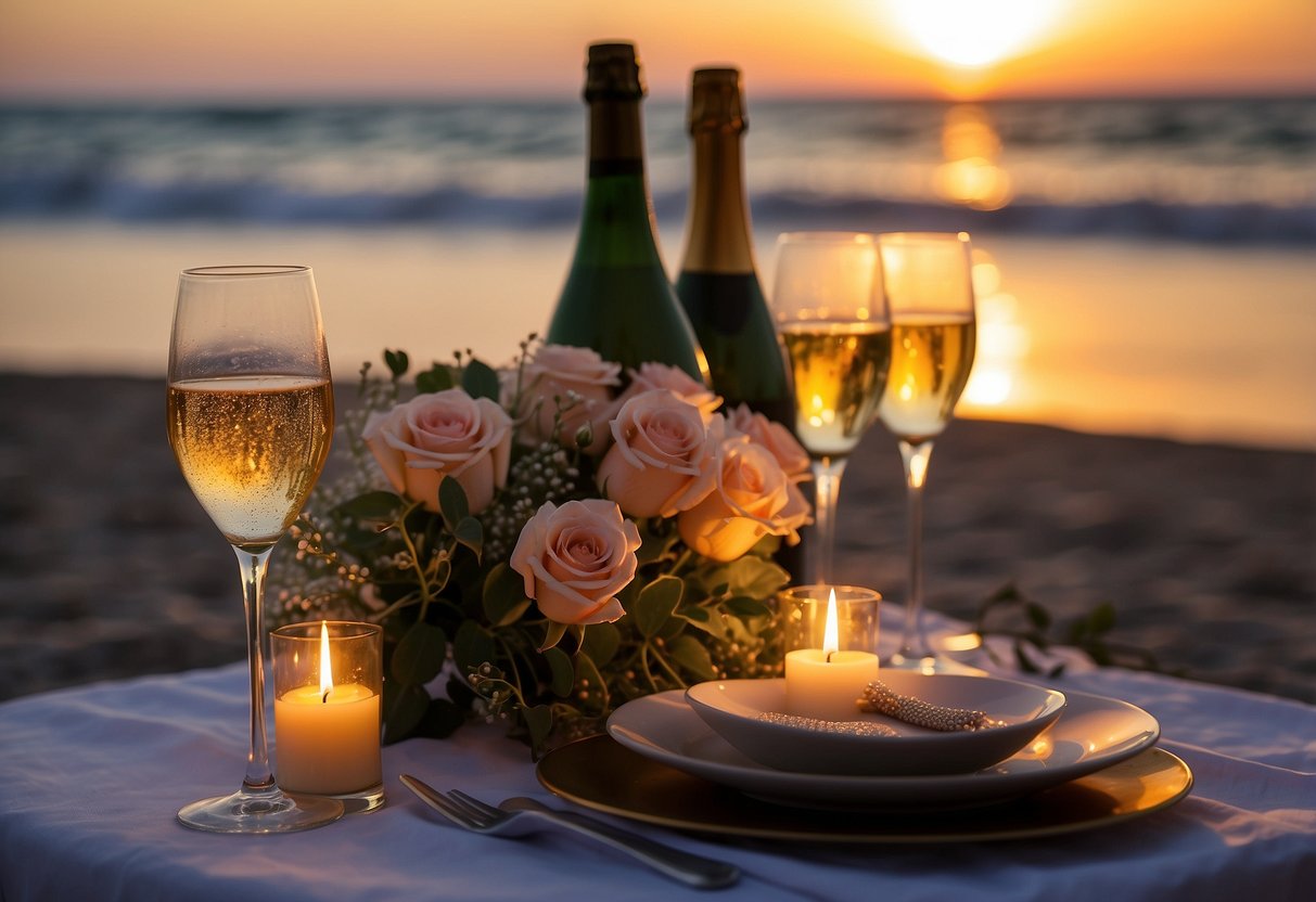 A candlelit dinner for two on a secluded beach, with a bottle of champagne and a bouquet of roses. The sun sets over the ocean as the couple enjoys their romantic getaway