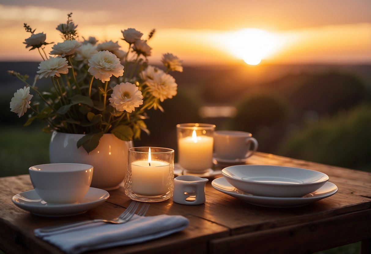 A candlelit table with flowers and fine china, set against a sunset backdrop