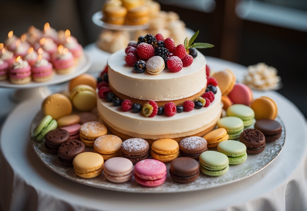 A table adorned with an array of decadent wedding desserts, including a towering cake, delicate pastries, and colorful macarons