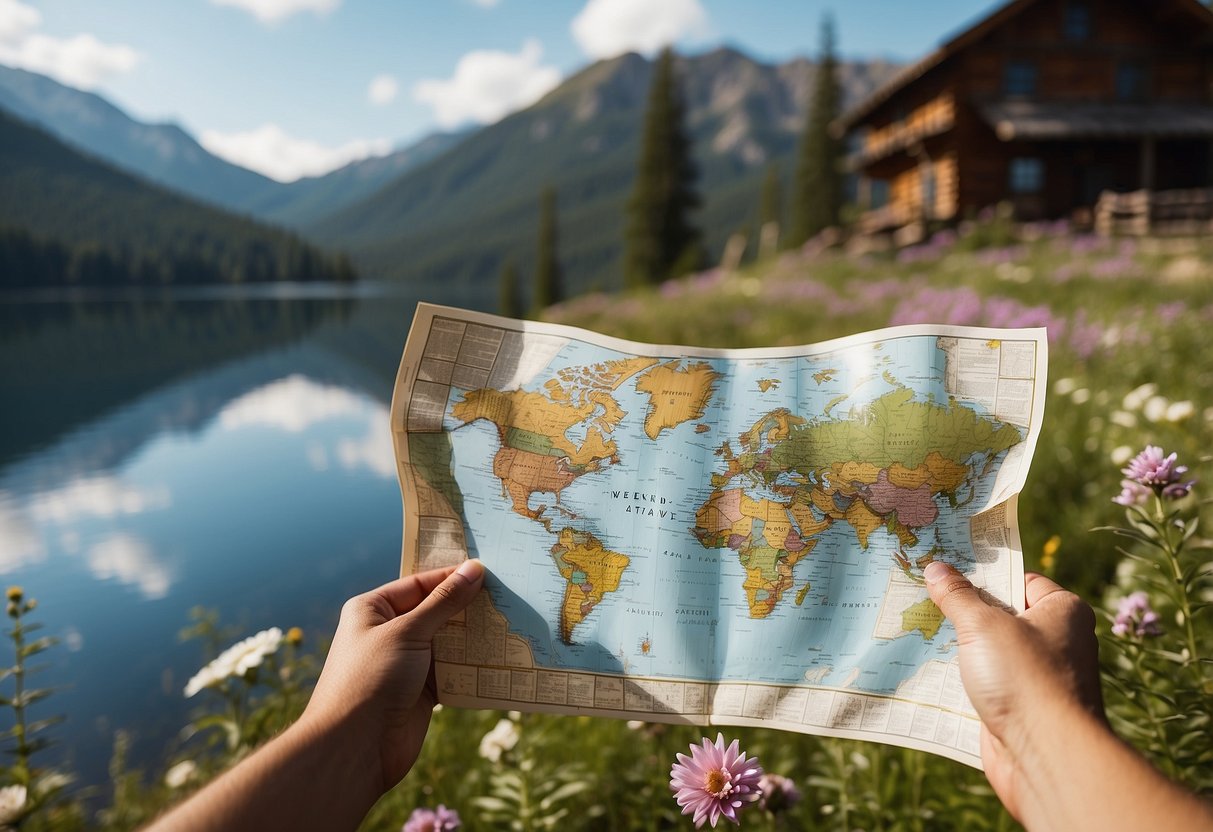 A couple's hands holding a map with "Weekend Getaway" written on it, surrounded by a cozy cabin, serene lake, and blooming wildflowers