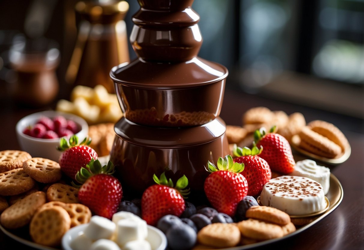 A tall chocolate fondue fountain cascades with rich, velvety chocolate, surrounded by an array of dippable treats like strawberries, marshmallows, and pretzels