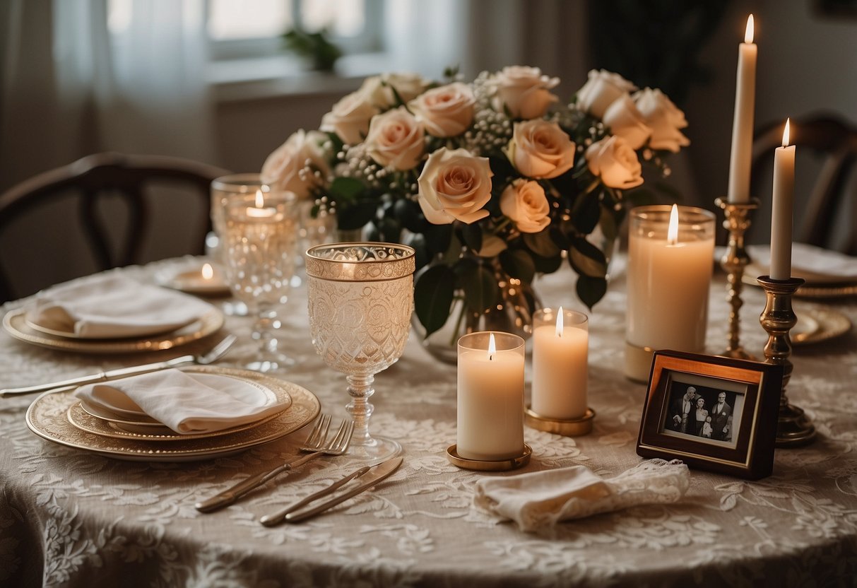 A table set with a lace tablecloth, adorned with a bouquet of roses and 45th anniversary memorabilia, surrounded by family photos and candles