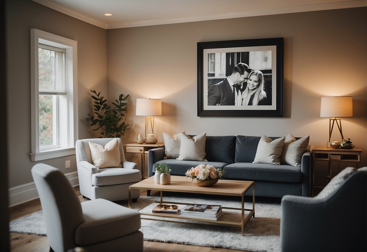 A couple's home with a cozy living room, featuring a framed custom portrait painting as a 13th wedding anniversary gift. The painting captures the couple's love and happiness, adding a personal touch to the room's decor