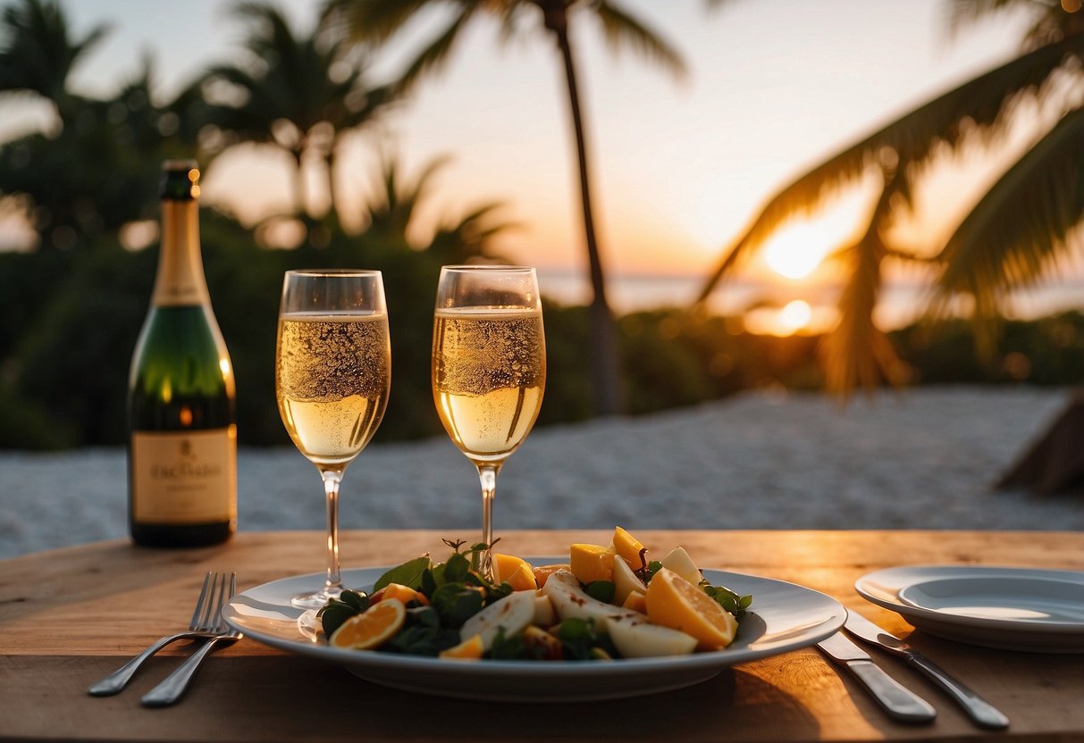 A couple's honeymoon: beach, sunset, palm trees, champagne, and a cozy beachfront dinner