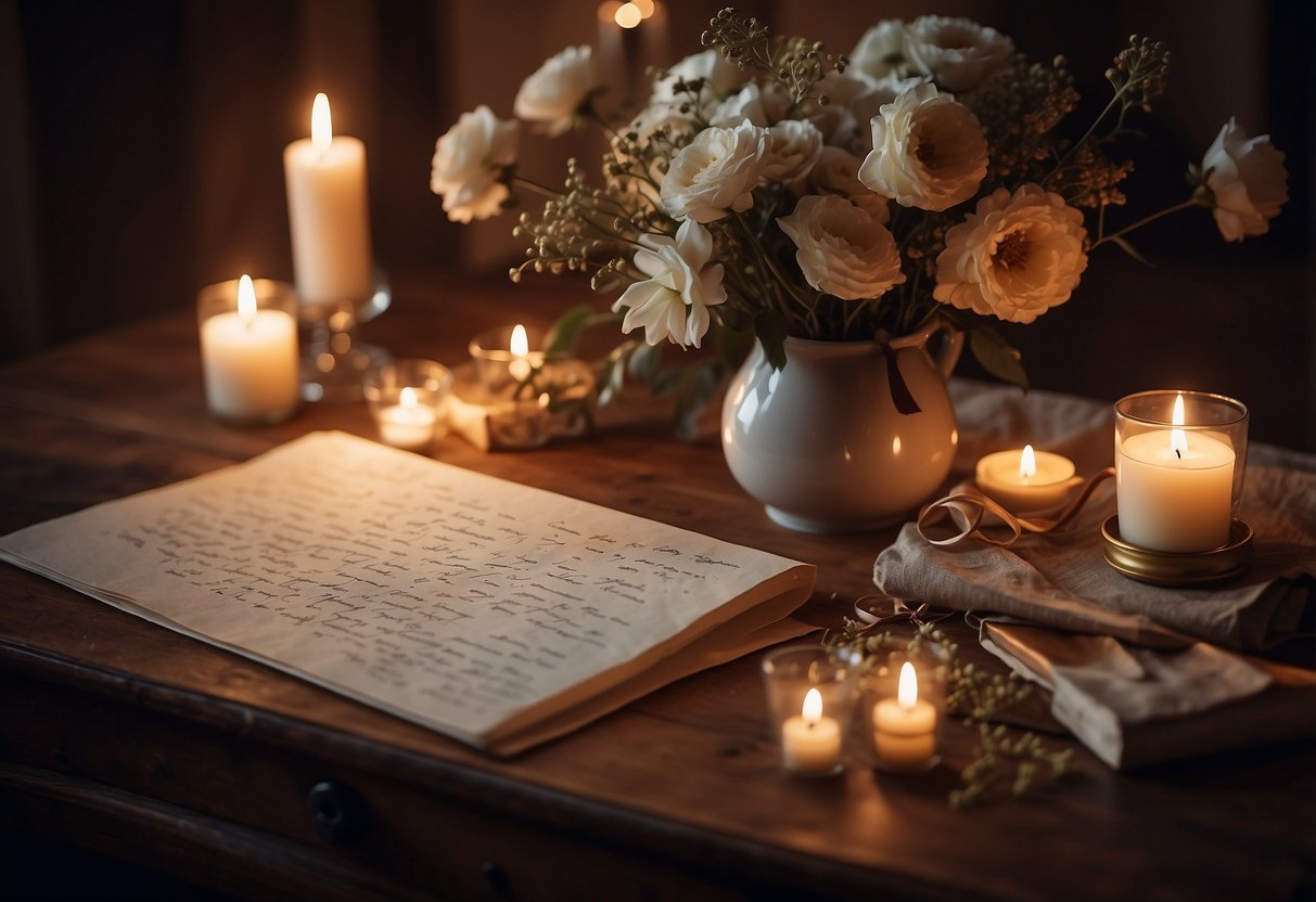 A handwritten love letter sits on a vintage desk, surrounded by dried flowers and a delicate ribbon. The soft glow of candlelight illuminates the romantic scene