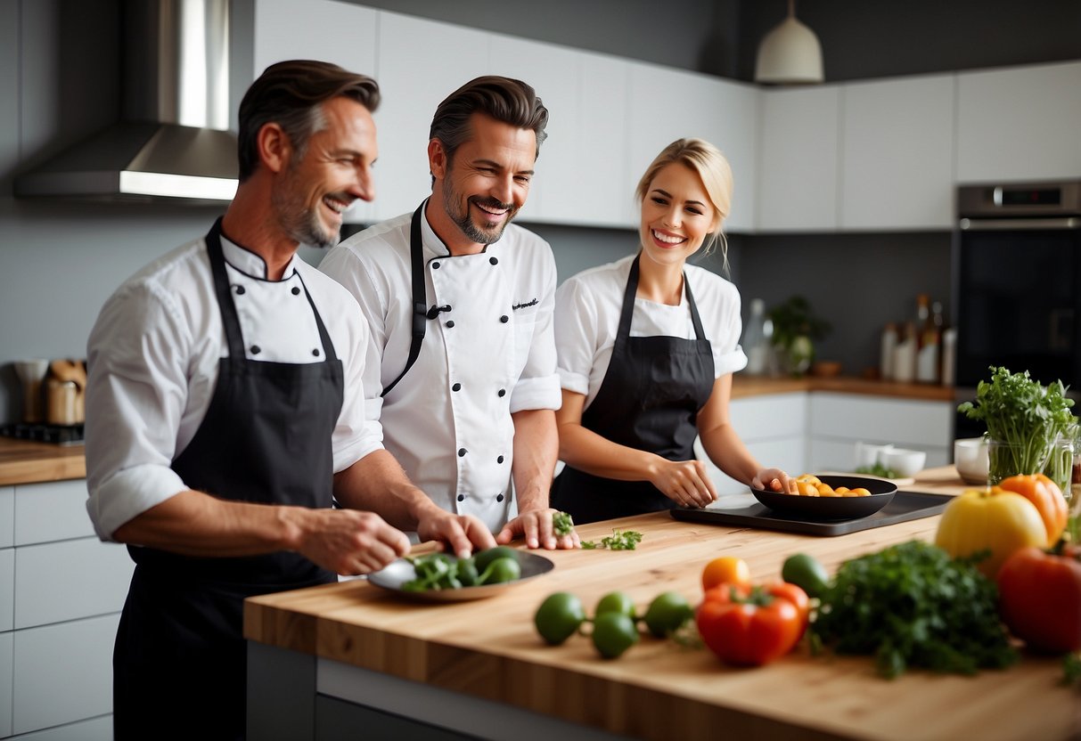 A couple follows a chef's demonstration in a bright, spacious kitchen. Ingredients and utensils are neatly arranged on the counter. The couple eagerly participates, laughing and learning new techniques