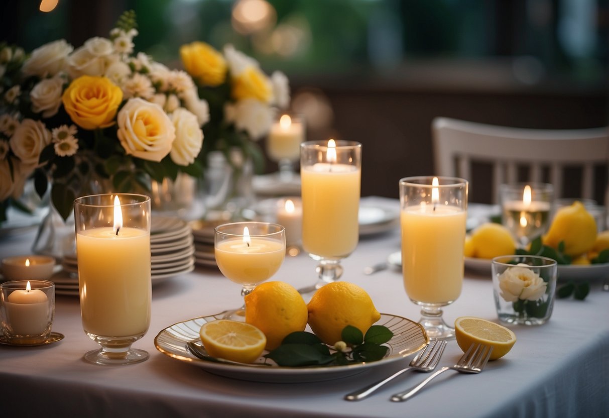 A table set with elegant lemon posset cups, surrounded by delicate floral arrangements and soft candlelight