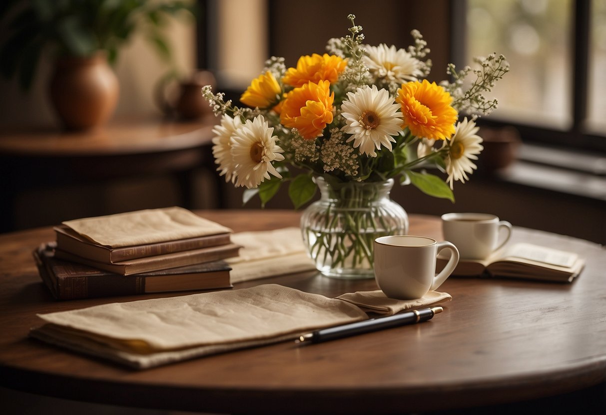 A table set with vintage pens, parchment paper, and a vase of fresh flowers. A warm, cozy atmosphere with soft lighting and a sense of nostalgia